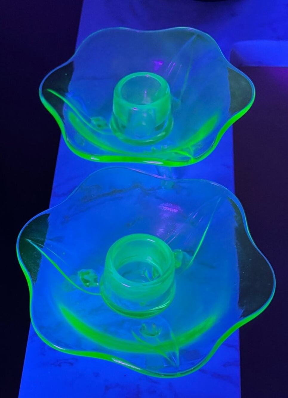 Antique Fostoria #2394 Green Uranium Glass 3-Toed Candlesticks Pair 1928-39
